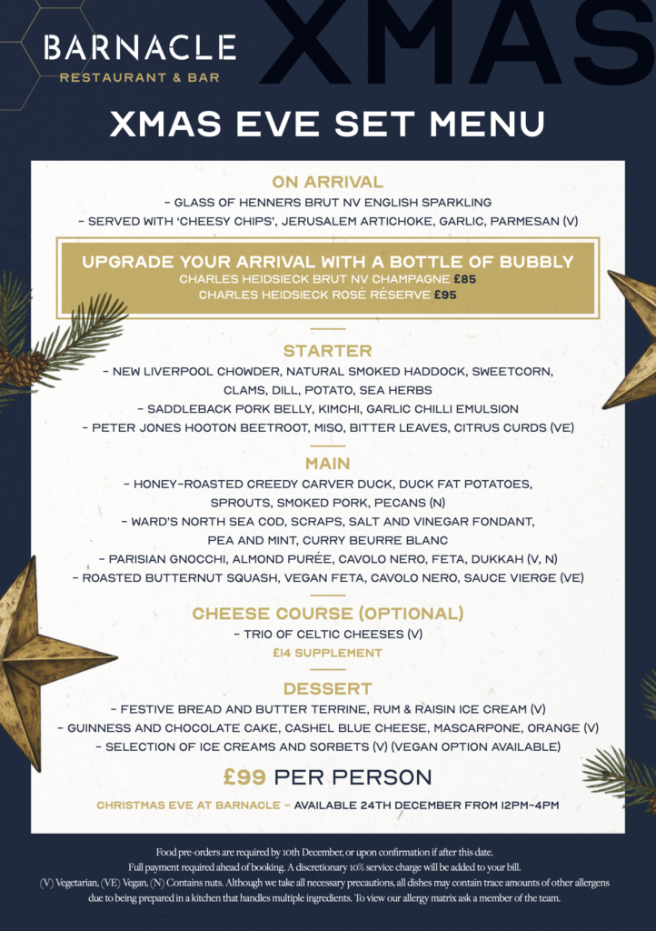 Christmas Eve set menu at Barnacle Restaurant and Bar.