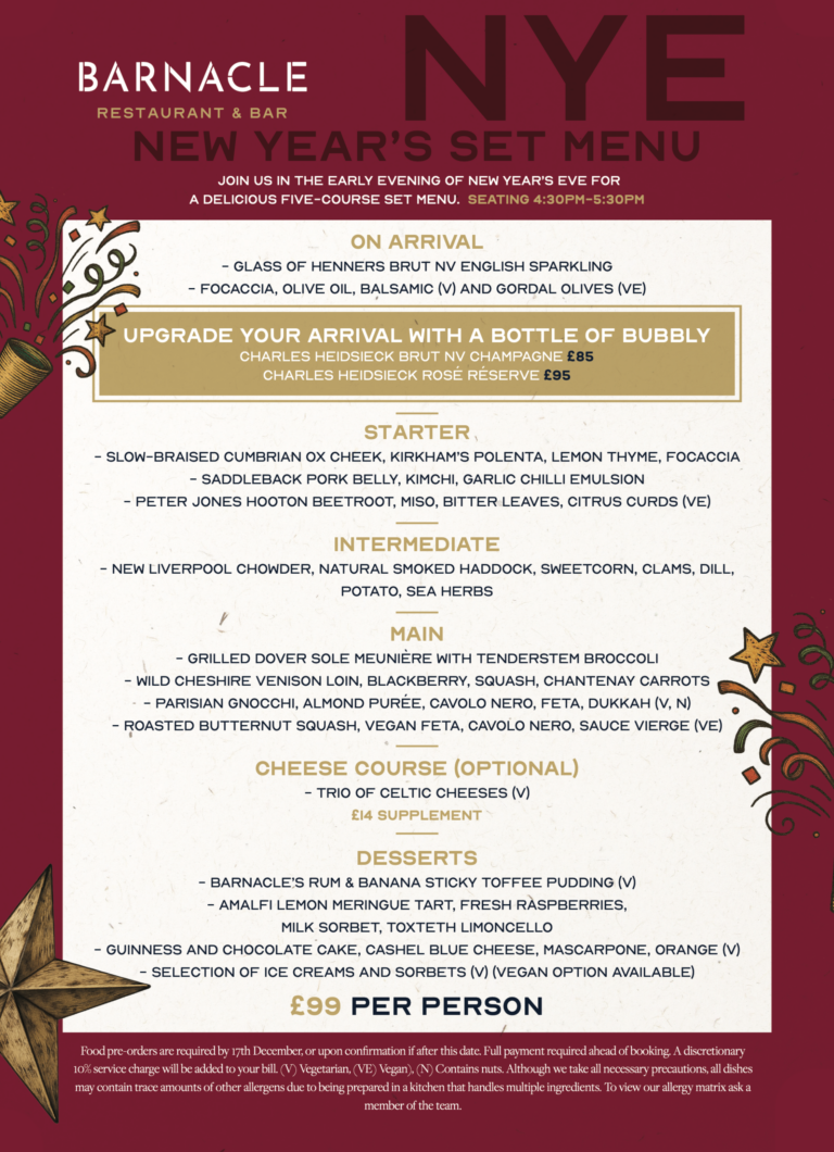 New Year's Eve set menu at Barnacle Restaurant and Bar. Book from 4:30pm