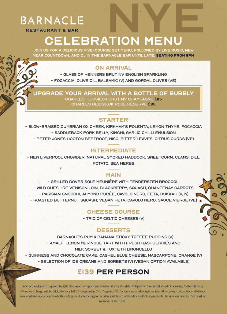 New Year's Eve celebration menu at Barnacle Restaurant and Bar. Book from 8:30pm